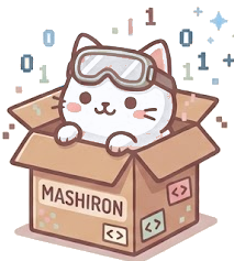 A white cat wearing lab goggles peeking out of a cardboard box labelled Mashiron, with binary digits floating above